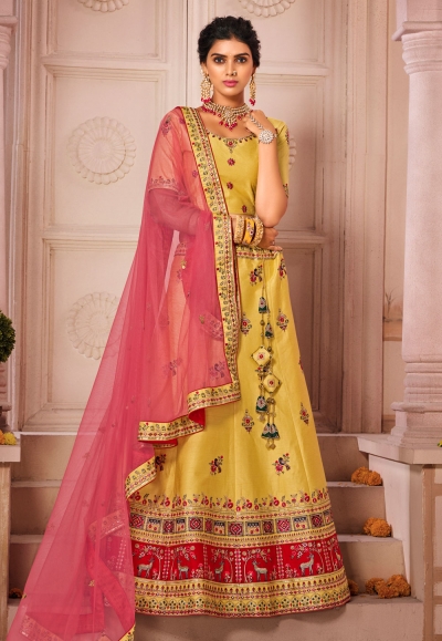 Yellow silk sequins work lehenga choli 1215