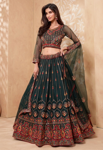 Green net embroidered lehenga choli 1045