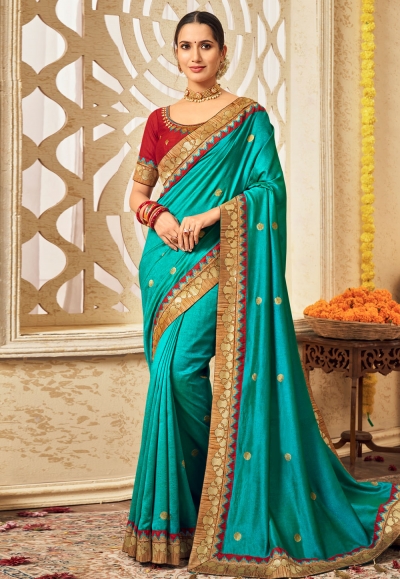 Turquoise silk saree with blouse 3005