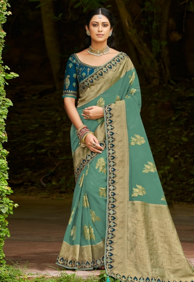 Sea green organza saree with blouse 1003