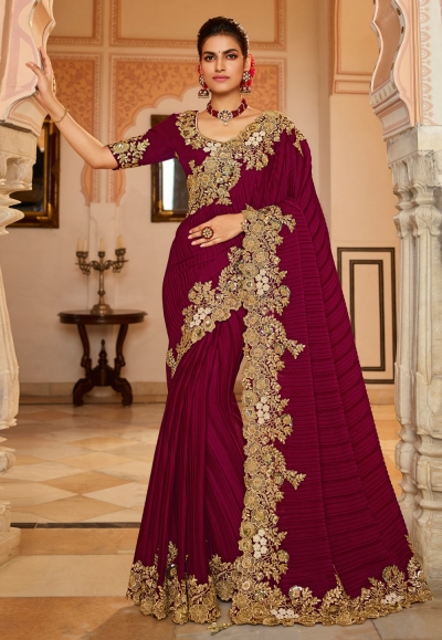 Wine georgette saree with blouse 7007