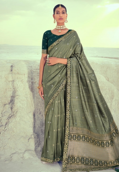 Olive green silk saree with blouse 4237