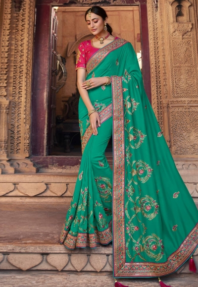 Sea green satin georgette saree with blouse 1104