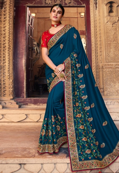 Blue satin georgette festival wear saree 1105