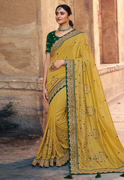 Yellow satin georgette saree with blouse 1106