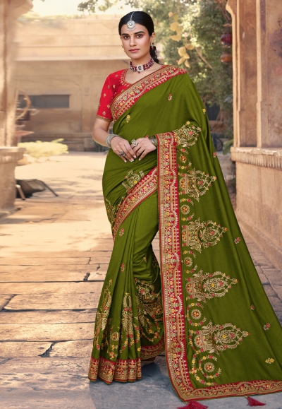 Mehndi satin georgette saree with blouse 1108