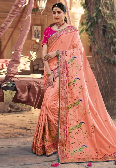 Peach satin georgette festival wear saree 1109