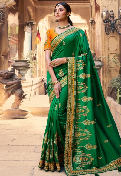 Green satin georgette saree with blouse 1110