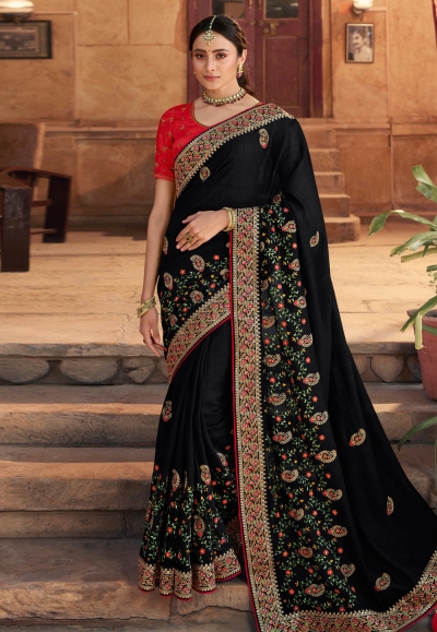 Black satin georgette festival wear saree 1111