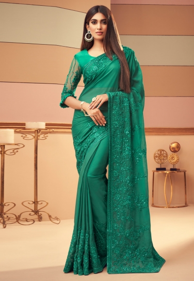 Green silk saree with blouse 6107