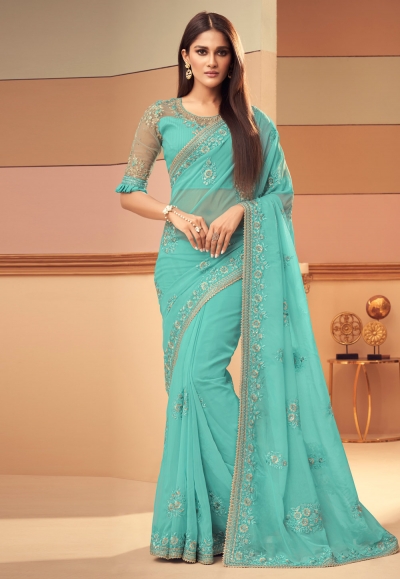 Sea green silk saree with blouse 6113