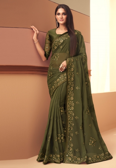 Mehndi silk festival wear saree 6114