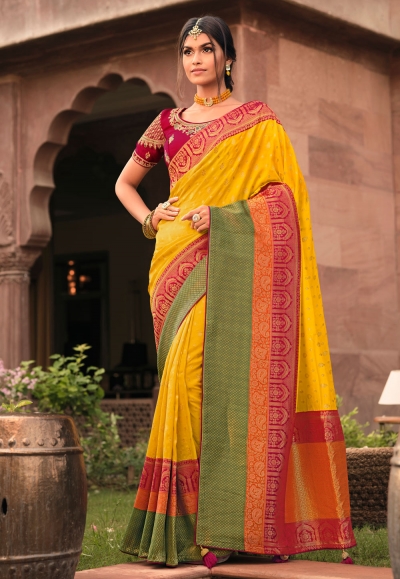 Yellow silk saree with blouse 13365