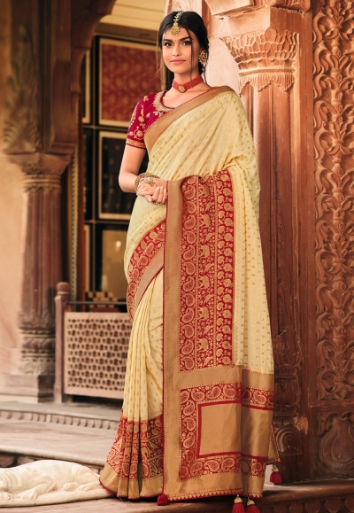 Cream silk saree with blouse 13367