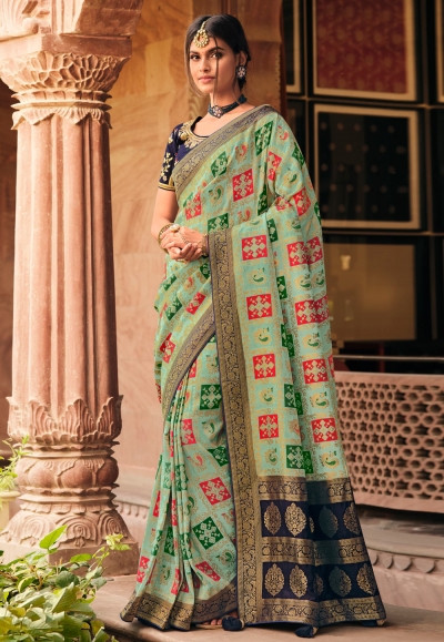 Light green silk saree with blouse 13371