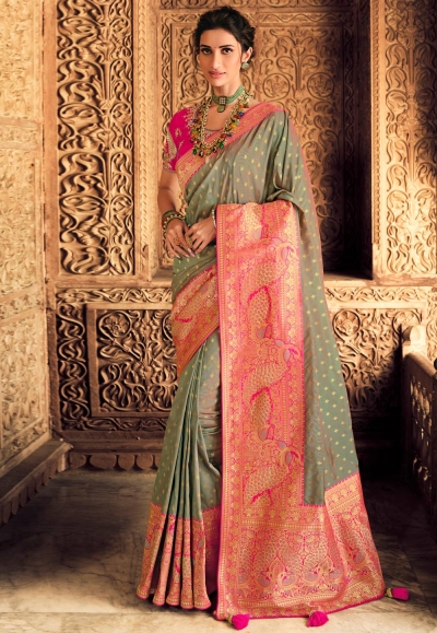 Grey silk saree with blouse 10127