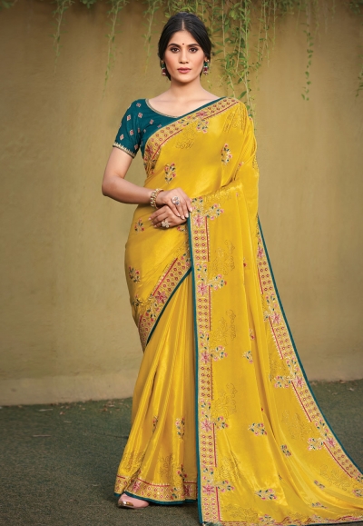 Yellow satin silk saree with blouse 41712