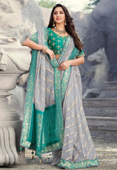 Grey color silk saree with blouse 1307