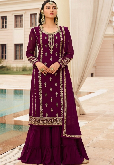 wine georgette embroidered sharara pakistani suit 73004