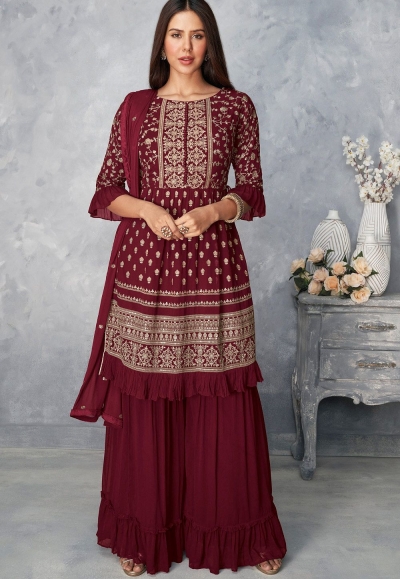 maroon georgette embroidered sharara suit 8585