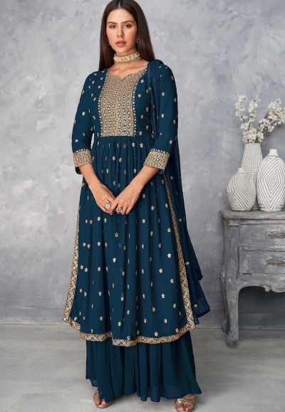blue georgette embroidered sharara suit 8584