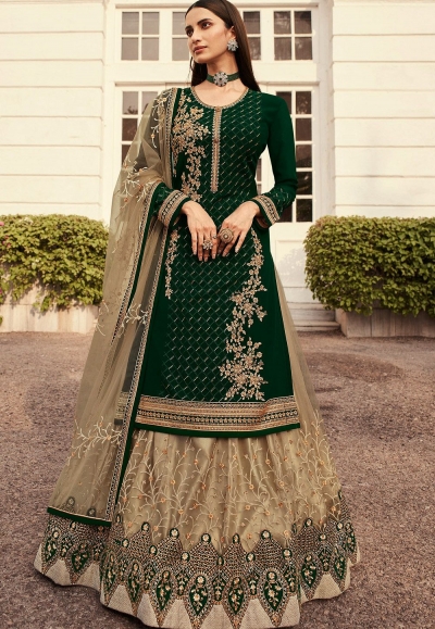 green beige satin georgette lehenga style suit 7006