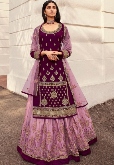 wine pink satin georgette lehenga style suit 7005