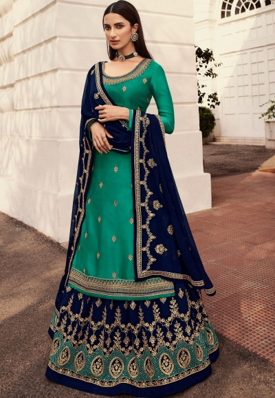 cyan blue satin georgette lehenga style suit 7004