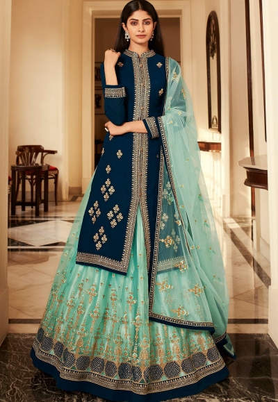 blue satin georgette lehenga style suit 7001