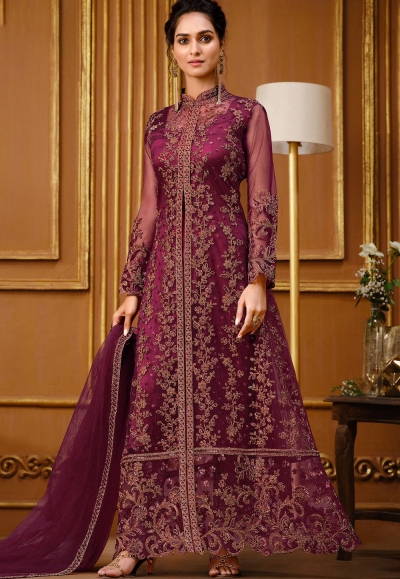 wine net embroidered front slit straight trouser suit 4732