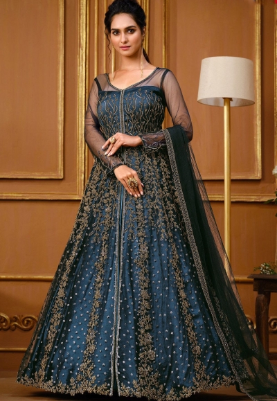 blue net embroidered front slit heavy anarkali suit 4733