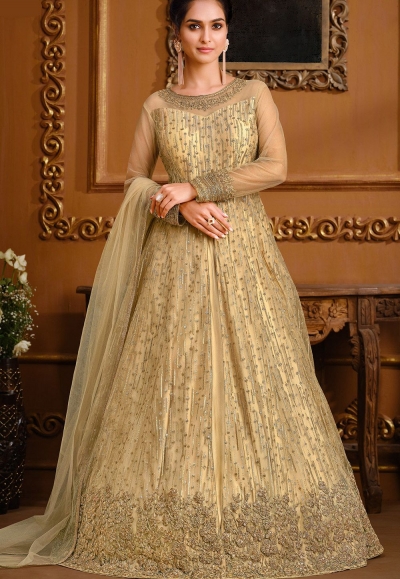 beige net embroidered front slit heavy anarkali suit 4735