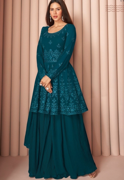 blue georgette embroidered sharara suit 8590