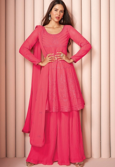 pink georgette embroidered sharara suit 8586