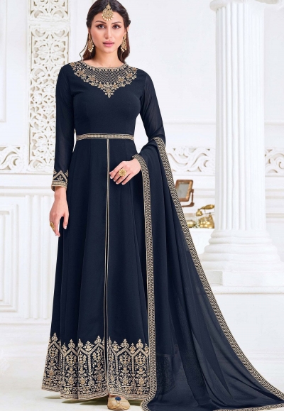 blue georgette embroidered front slit anarkali suit 3001