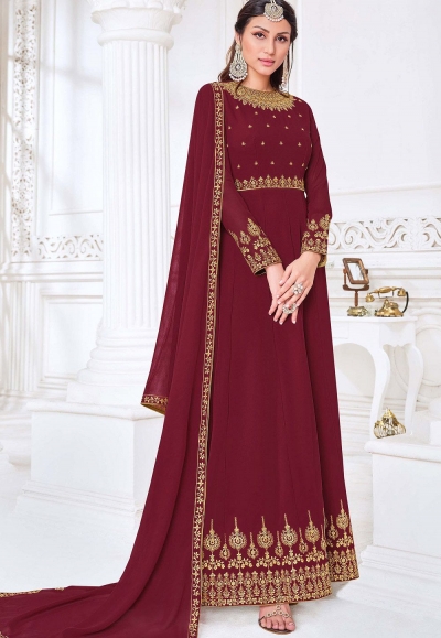 maroon georgette embroidered anarkali suit 3002