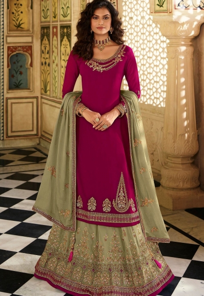 magenta sea green georgette straight embroidered lehenga style suit 15163