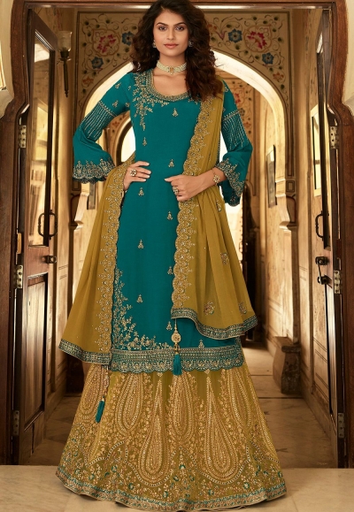 blue green chinon straight embroidered lehenga style suit 15162