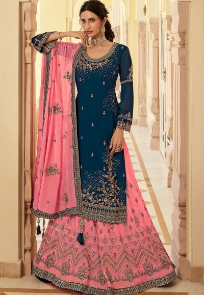 navy blue pink georgette straight embroidered lehenga style suit 15161