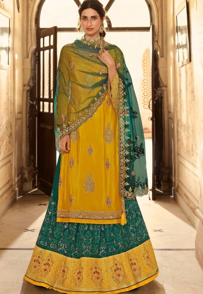 yellow blue chinon straight embroidered lehenga style suit 15160