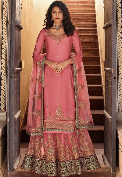 pink chinon straight embroidered lehenga style suit 15159