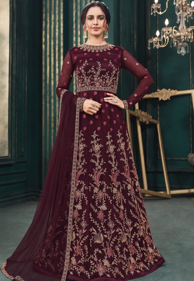 wine net embroidered floor length anarkali suit 3101