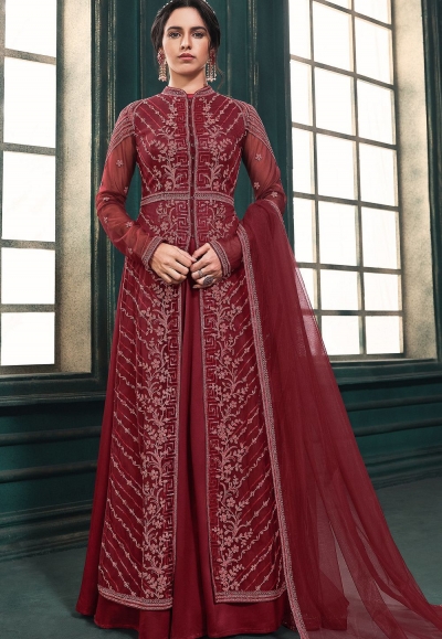 maroon net embroidered long jacket style anarkali suit 3106