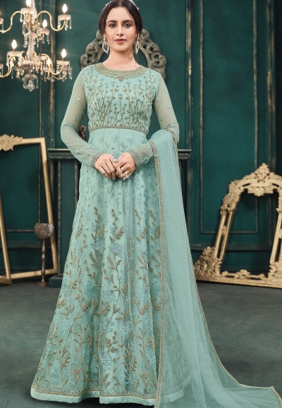 blue net embroidered floor length anarkali suit 3107