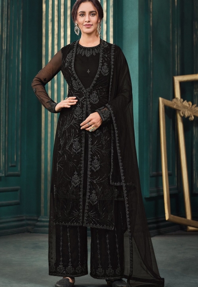 black net embroidered jacket style palazzo suit 3108