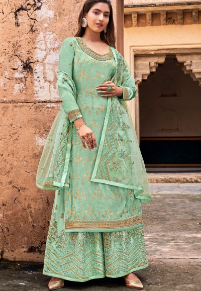 cyan jacquard embroidered straight embroidered palazzo suit 30060