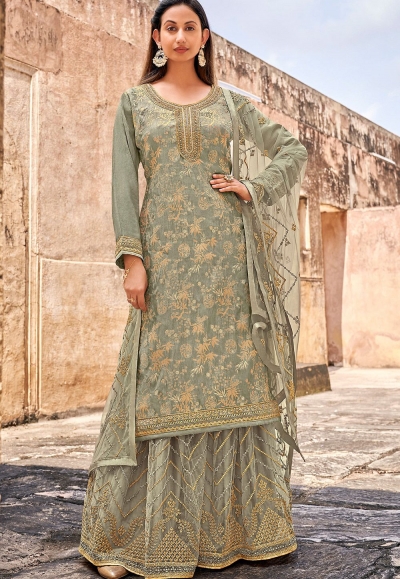 grey jacquard embroidered straight embroidered palazzo suit 30058