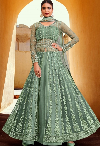 green net embroidered anarkali front slit lehenga suit 10064