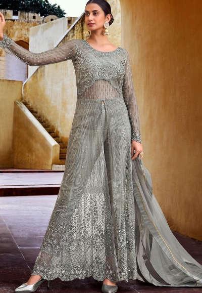 grey net embroidered anarkali front slit trouser suit 10062