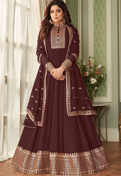 shamita shetty brown georgette floor length anarkali suit 8630